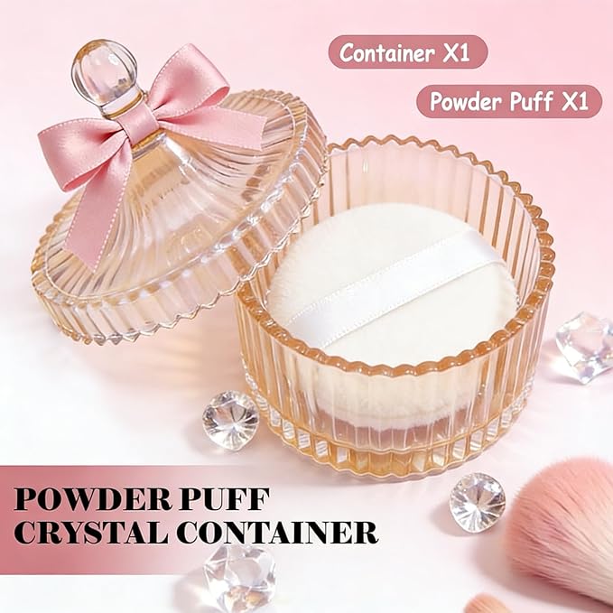 Body Powder Puff and Container, Soft Powder Puff,Glass Box for Dust Puff,Powder Puff for Body Powder,Powder Puff Wet Dry Makeup,Powder Applicator With Case for Dusting Powder (champagne)