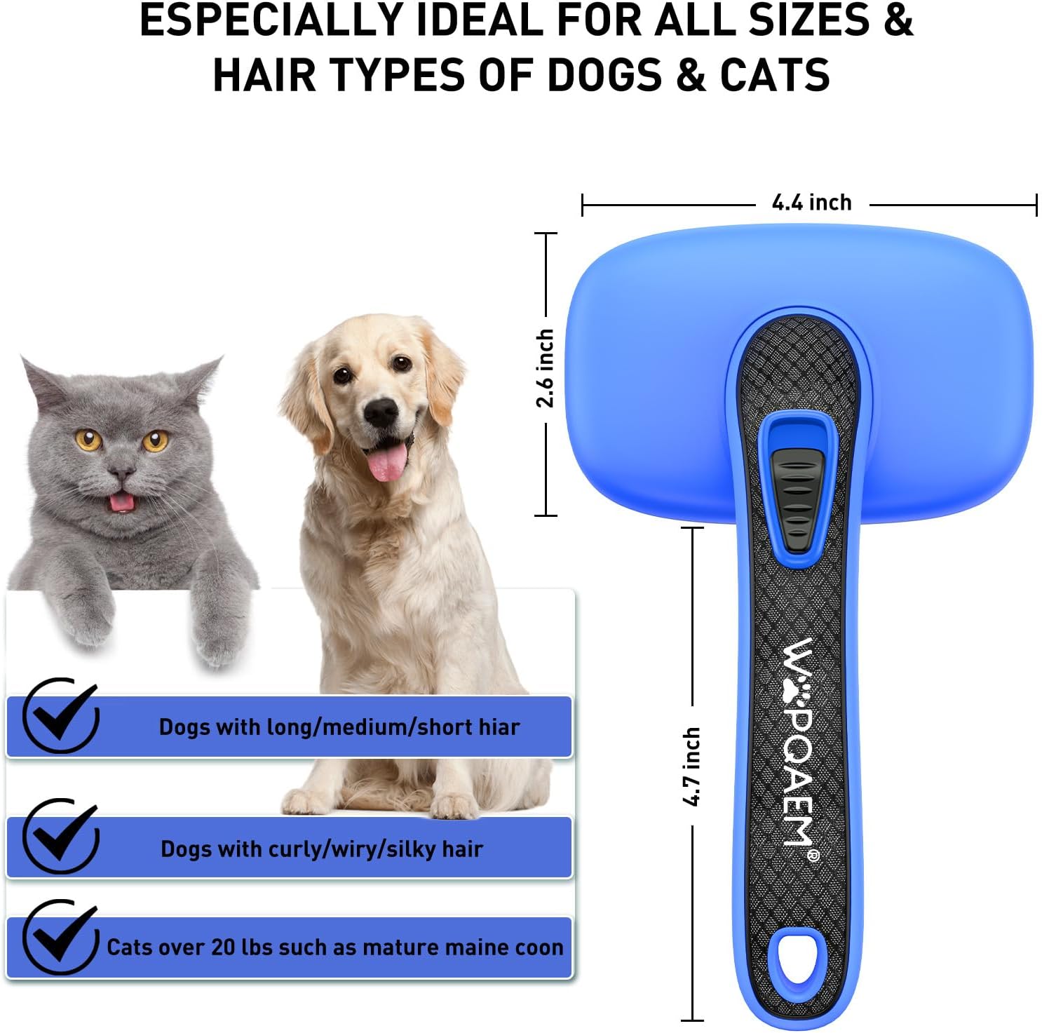 Dogs Cats Self Cleaning Slicker Brush for Shedding & Grooming Any Breed of Pets, Removes Loose, Undercoat, Mats, Tangled Hair for Small Medium Large Animal With Long Short Fur Length, Blue