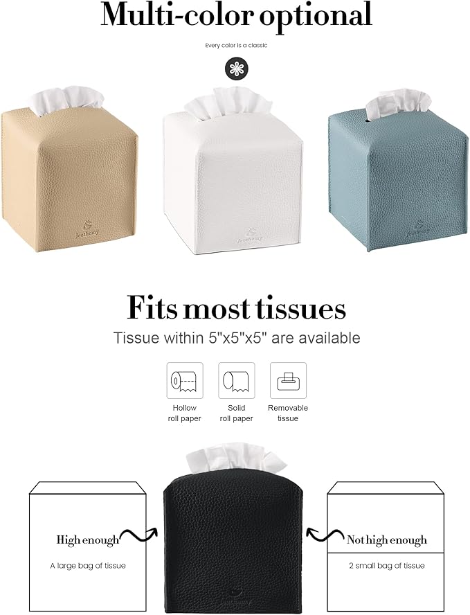 Tissue Box Cover, Jeethemy Square PU Leather Tissue Box Holder, Modern Tissue Case Facial Paper Organizer Dispenser，5X5X5'',Single Black