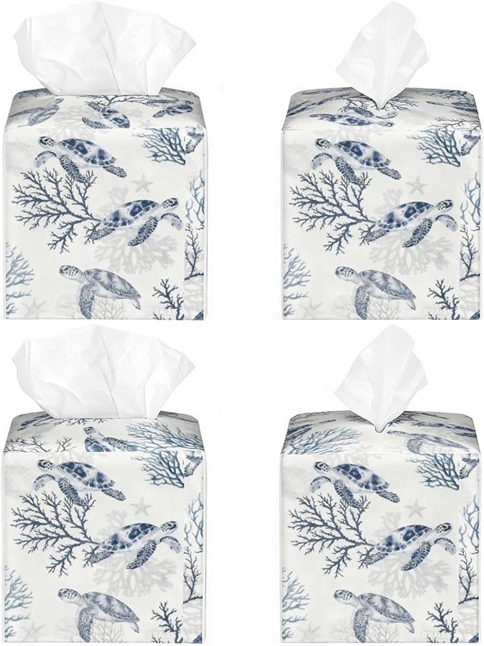 Sea Turtle Tissue Box Cover Leather Tissue Box Holder Square Facial Paper Organizer Dispenser for Bathroom Kitchen Bedroom Vanity Countertop Night Stands