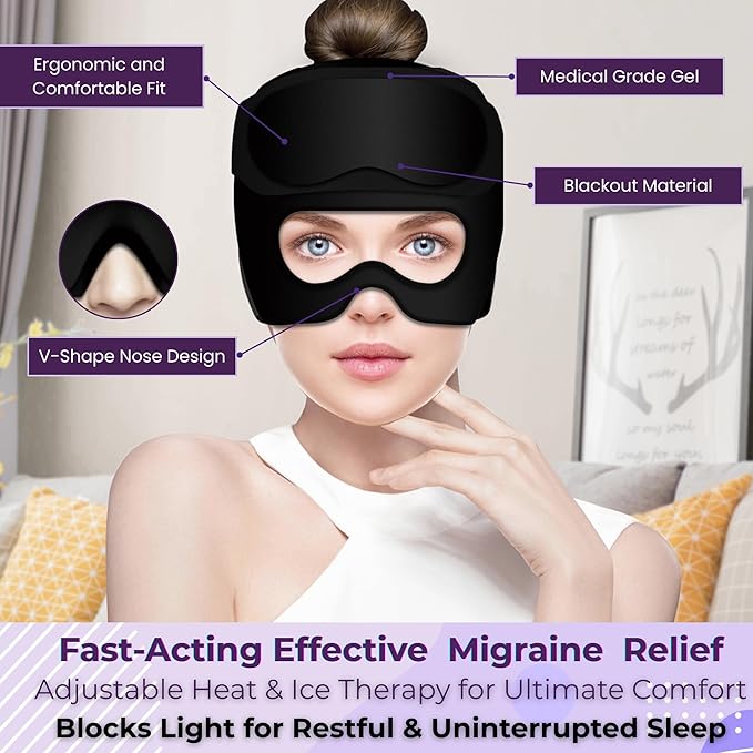 Migraine Relief Cap with Detachable Eye Mask – 2-in-1 Hot & Cold Gel Ice Head Wrap for Headaches, Sinus Pressure, Stress & Tension – Reusable Light-Blocking Headache Hat