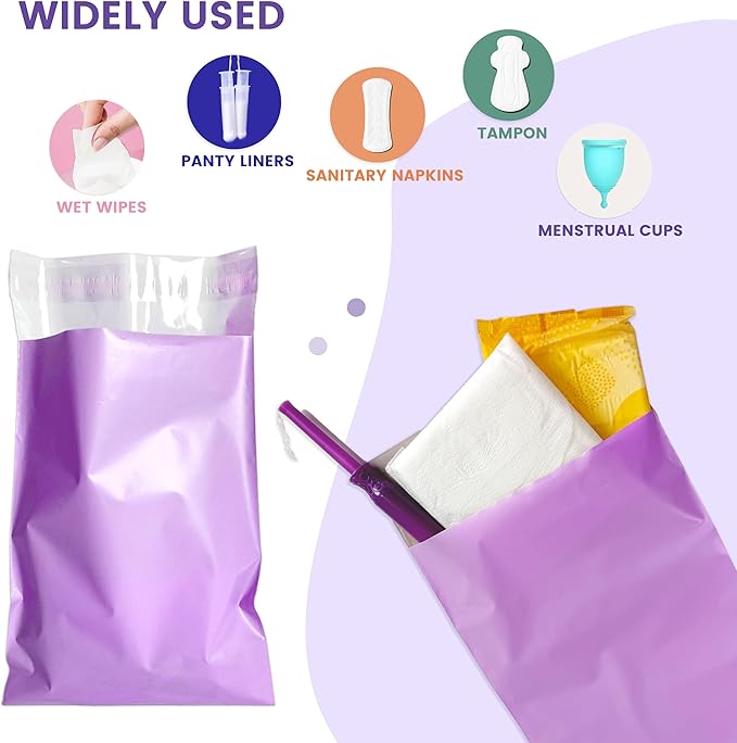 Disposable Sanitary Bags, 300 Pcs, Purple, Self-sealing, Odor-proof, Rectangular, Plastic, 10" x 6" Bags for Feminine Hygiene, Personal Waste, or Pet Waste