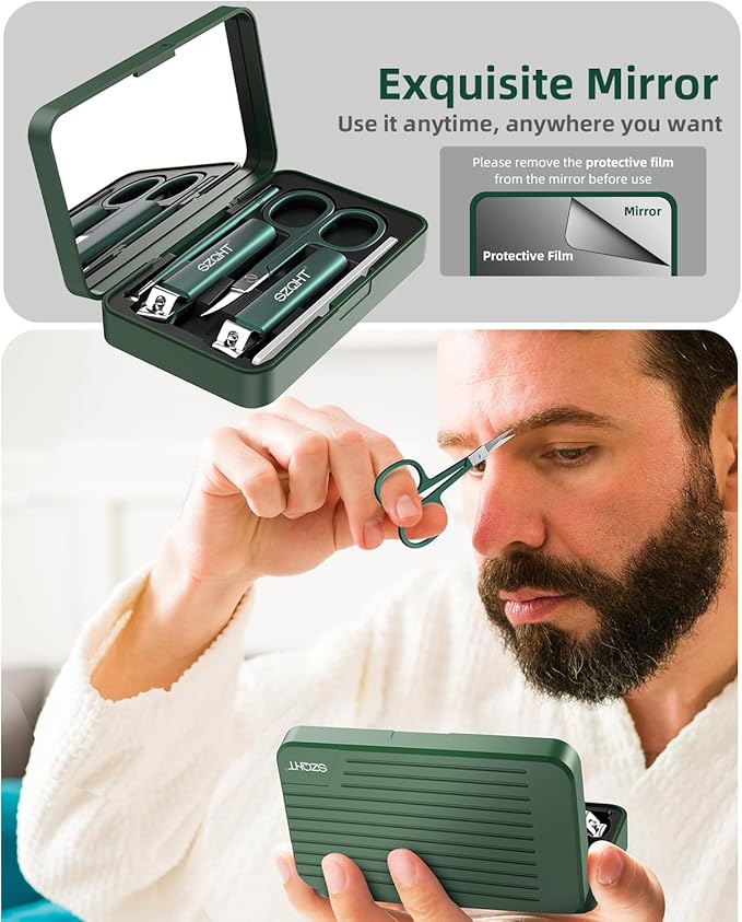 Nice 5-in-1 Premium Grooming Set: Nail Clipper, File, Ear Pick, Facial Hair Scissors, and Mirror in Elegant Storage Box - Manicure Pedicure Kit With Slant Edge Toenail Clipper