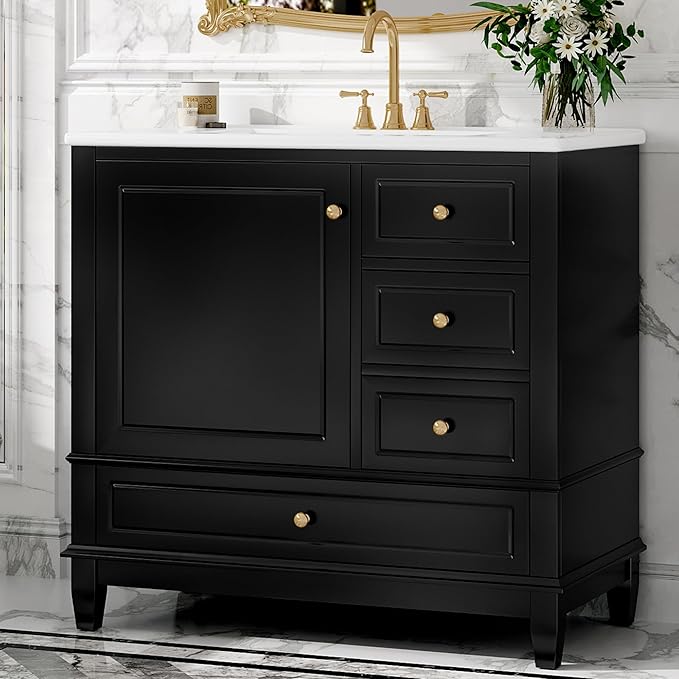 36" Bathroom Vanity with Sink, Harper & Bright Designs Free Standing Single Vanity Set with 3 Drawers and One Door with Storage Racks, Solid Wood Storage Cabinet with Ceramic Basin for Bathroom, Black