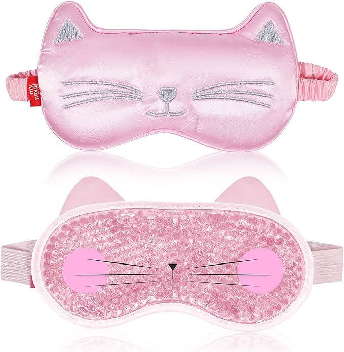 Cooling Eye Mask and Sleep Mask for Woman 2 Pcs, Cute Animal Cat Cartoon Pink Sleeping Mask Soft Cold Warm Compress Gifting for Dry Eyes Puff Eye Migraine Spa, Office, Morning Refreshment