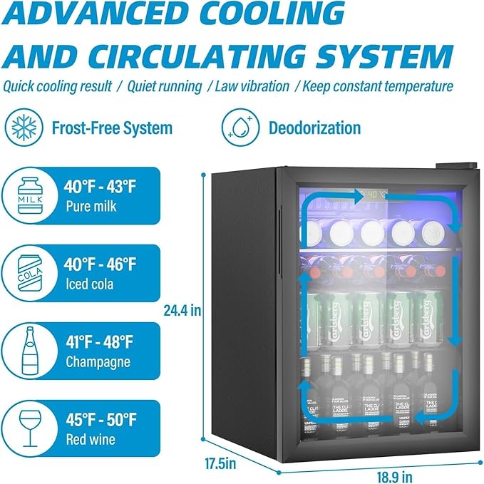 95 Can Freestanding Beverage Refrigerator, 2.6 Cu. Ft Drink Fridge with Clear View Door, Adjustable Shelves & Temperature Control, Quiet Compressor Small Refrigerator for Soda, Beer or Wine