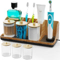 Bathroom Counter Organizer, Bathrooms Toothbrush Holder Set with 3 PCS Qtip Holder, Kids Electric Toothbrush and Toothpaste Holder Organizer Drainage for Bathroom Accessories (Wood Grain)