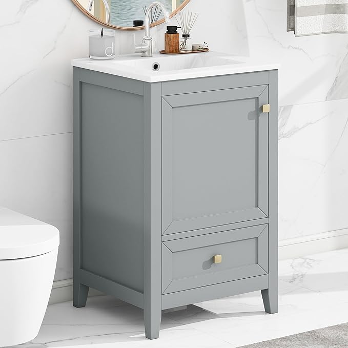 Bellemave 20-inch Bathroom Vanity with Sink, Free Standing Bathroom Vanity Cabinet with Soft Closing Door, Storage Rack, and Drawer, Solid Wood Vanity Set with Ceramic Sink（Grey）