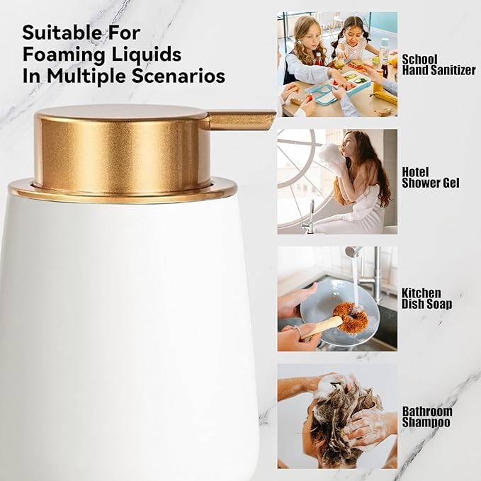 Foaming Soap Dispenser - 12 Oz White Ceramic Foam Hand Soap Dispenser for Bathroom, Face Wash Dispenser Bottle with Matte Golden Foam Pump, Refillable Dish Dispenser for Kitchen