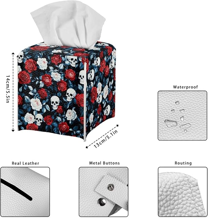 Red Rose Skull Modern Tissue Box Holder, Waterproof Square PU Leather Napkin Case with Metal Button Closure, Decorative Tissue Cover Organizer for Vanity, Desk, Car, and Living Room