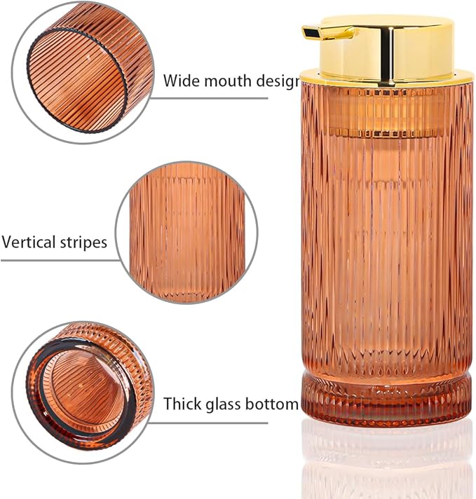 Foaming Soap Dispenser, Glass Foam Hand Soap Dispenser with Pump, 14 Oz Bathroom Refillable Liquid Lotion Pump Ribbed Bottle Container for Kitchen Countertop Decor (1, Brown Gold)