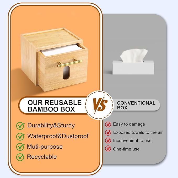 Face Towels Holder with 60 XL Towels, Disposable Towelettes Bamboo Box Cotton Balls Holders, Facial Towels Container with Drawer, Towels XL Organizer for Bathroom, Makeup Remover Dry Wipes Washcloths