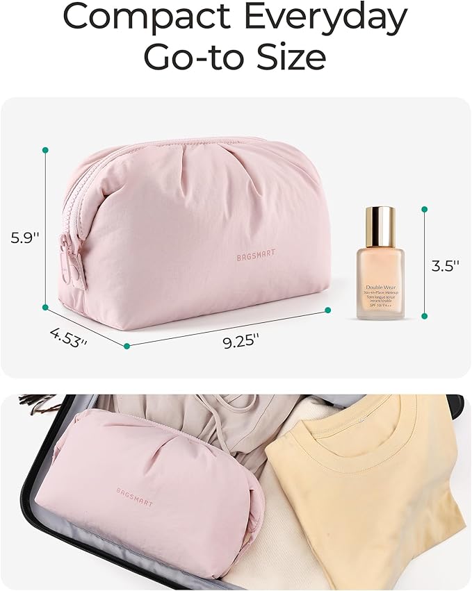BAGSMART Makeup Bag Travel Makeup Bag, Cute Make Up Bag, Large Capacity Cosmetic Bags for Women, Wide-open Makeup Pouch Travel Essentials Toiletries Accessories Brushes (Nude Pink)