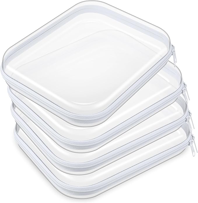 Hoolerry 4 Pcs Hard Clear Zipper Case Makeup Bags Plastic Zipper Pouch Transparent Storage Box Containers for Cosmetics, Snacks, Building Blocks, Puzzles(Clear,9.8 x 7.9 x 2 in,White)