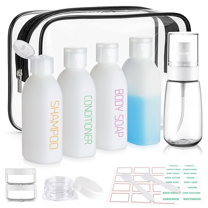 Cosywell Travel Bottles for Toiletries 9PCS Shampoo Bottles TSA Approved Toiletry Bottle Leakproof Plastic Cream Jars Refillable Cream Lotion Travel Essential Toiletrie(White)