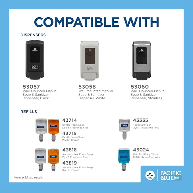 Georgia-Pacific (5305714) Pacific Blue Ultra Manual Push Soap Dispenser with Gentle Foam Hand Soap Refill Starter Kit