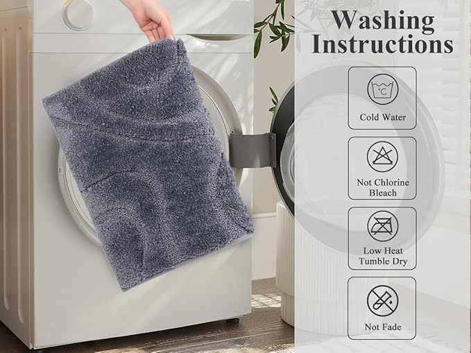HEBE Bathroom Rug Sets 3 Piece, Non Slip Shower Mats with U-Shaped Contour Toilet Mat, Absorbent Microfiber Bath Mats for Bath Rugs, Washable Shaggy Floor Carpet, Dark Grey