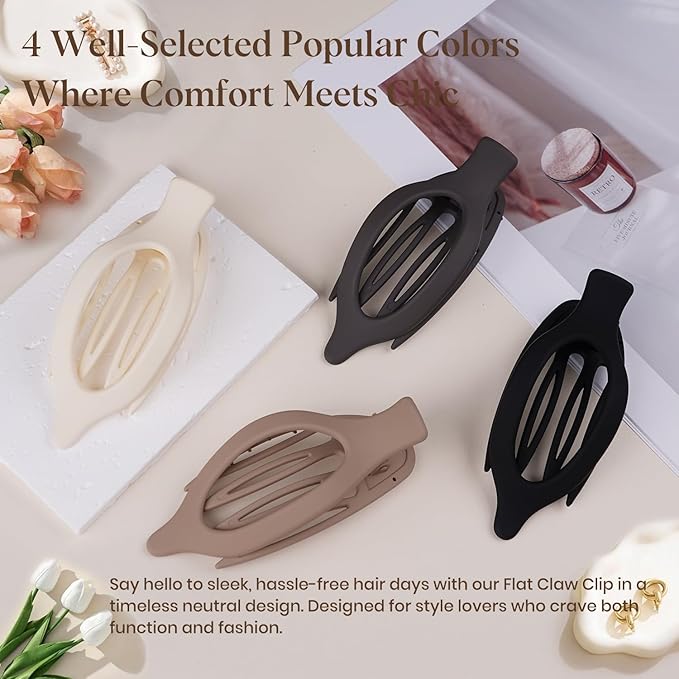 4 PCS Large Flat Hair Clips for Women Girls, French Concord Lay Down Flat Claw Clips for Thick Thin Hair, Comfortable Curved Flat Hair Clip, Matte Non-slip Strong Hold Hair Accessories, Brown