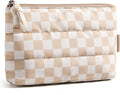 BAGSMART Small Makeup Bag, Puffy Portable Cosmetic Pouch with Charm Zipper, Water-Resistant Travel Organizer for Women (Khaki Checkerboard, Small)