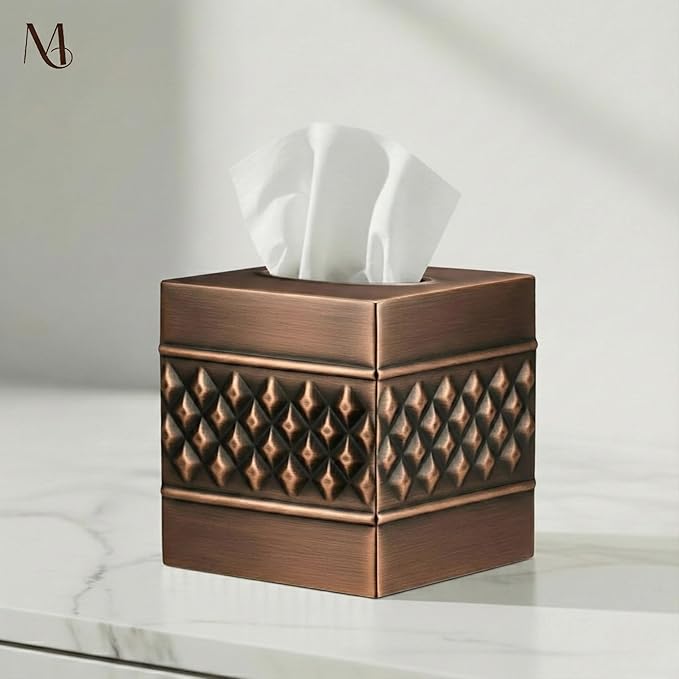 Monarch Abode Tissue Box Cover Square – Handcrafted Geo Embossed Antique Copper Finish Metal Tissue Holder Box for Bathroom Accessory, Aesthetic Decorative Facial Napkin Cube for Modern Home Décor