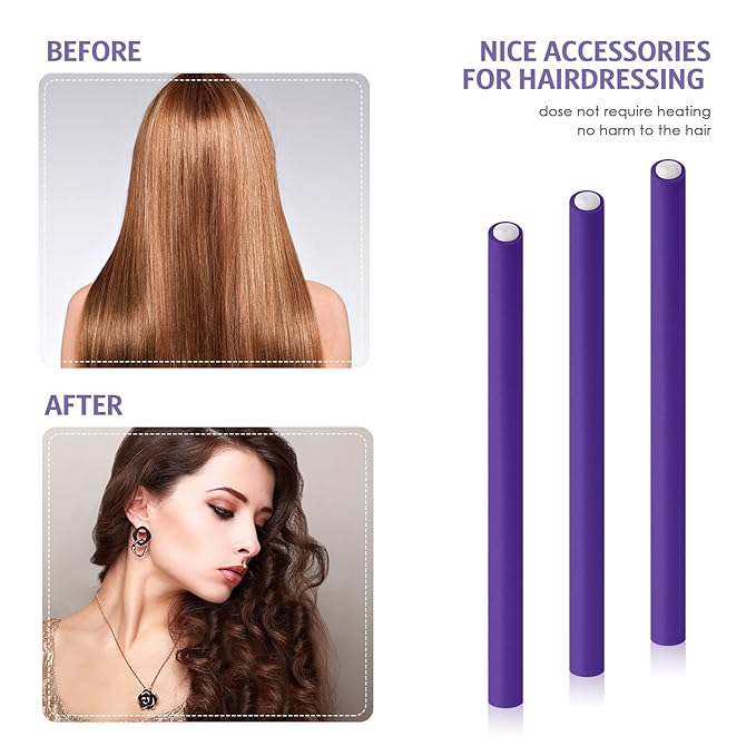 WILLBOND 60 Pieces Flexible Curling Rods Hair Curlers Rollers Twist Flexi No Heat Rods Rollers for Long Short Hair Women(0.3 x 7 Inch,Purple)