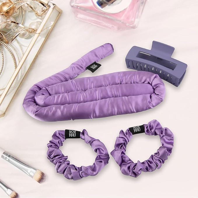 KAV 100% Mulberry Silk Heatless Curling Rod Headband Set with Clip & Scrunchies – Overnight Heatless Hair Curler for Women, No Heat Damage, Soft Hair Roller for Natural Curls & Waves
