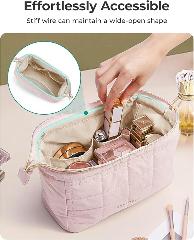 BAGSMART Makeup Bag Travel Toiletry Bag, Puffy Padded Make Up Bags for Women Makeup Organizer Case, Wide-open Pouch Purse Travel Essentials Toiletries Accessories Brushes, Leopard