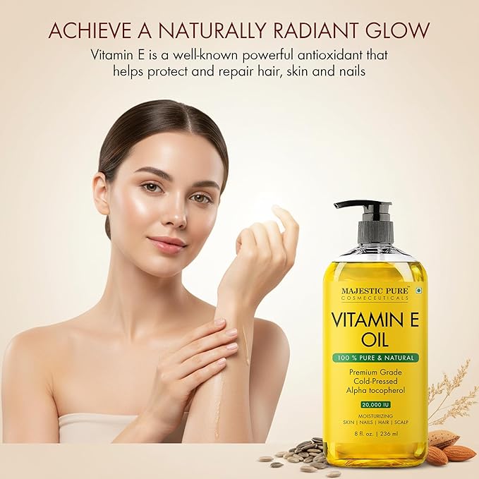 Majestic Pure Vitamin E Oil 8 Fl Oz - 100% Pure and Natural- Cold Pressed & Hexane Free Natural Hair Growth Oil for Eyelashes, Eyebrows, Skin, Body, Face, Nails & Scalp