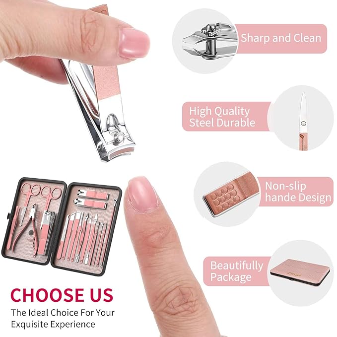 ZIZZON Manicure Set 18 in 1 Professional Pedicure Set Nail scissors Grooming Kit with Leather Travel Case Pink