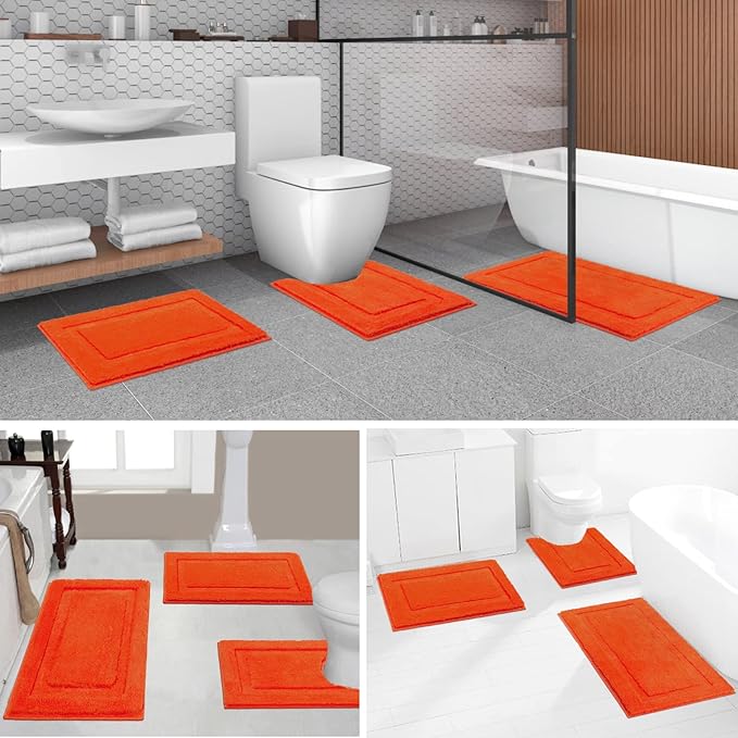 SHACOS Orange Fall Bathroom Rugs Sets 3 Piece, 16"x24" + 20"x32" Non Slip Bath Mat and 20"x24" Toilet Rugs U Shaped Washable, Soft Fluffy Water Absorbent Bath Rugs for Bathroom
