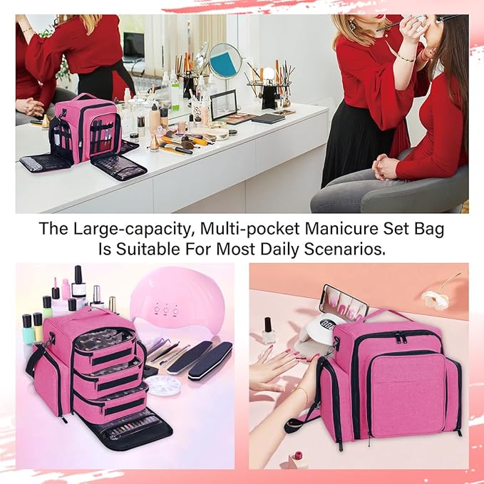 Nail Polish Organizer Storage Box, Holds 90 Bottles of Nail Polish, Portable Travel Case with 3 Separate Storage Bags, Can Be Used for Nail Art Supplies, Manicurists, etc Rose Red
