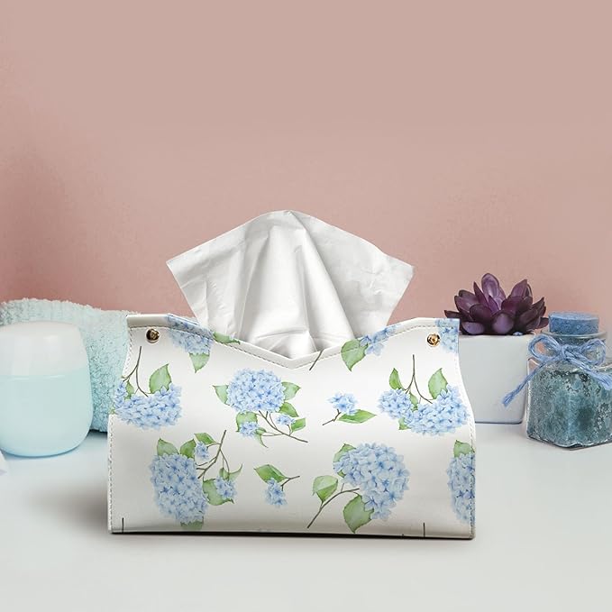 Hydrangea Tissue Box Cover Rectangle, Blue Flroal Tissue Box Holder Leather Facial Paper Case Decorative Organizer Holder Dispenser, Blue White Aesthetic Desk Accessories for Women Home 9.8x5.9x5.9