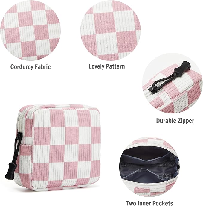 Small Makeup Bag for Purse,Mini Cosmetics Bag cute Zipper corduroy Cosmetic Pouch Storage Pouch Travel Toiletry Organizer for Women Girls(Checkered Pink)