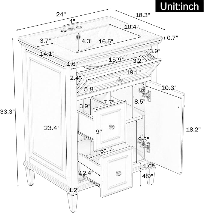 Harper & Bright Designs 24" Bathroom Vanity with Sink, Free Standing Single Basin Vanity Set with Tip-Out Drawer, 2 Drawers, and One Door, Storage Cabinet with Ceramic Basin for Bathroom, Green