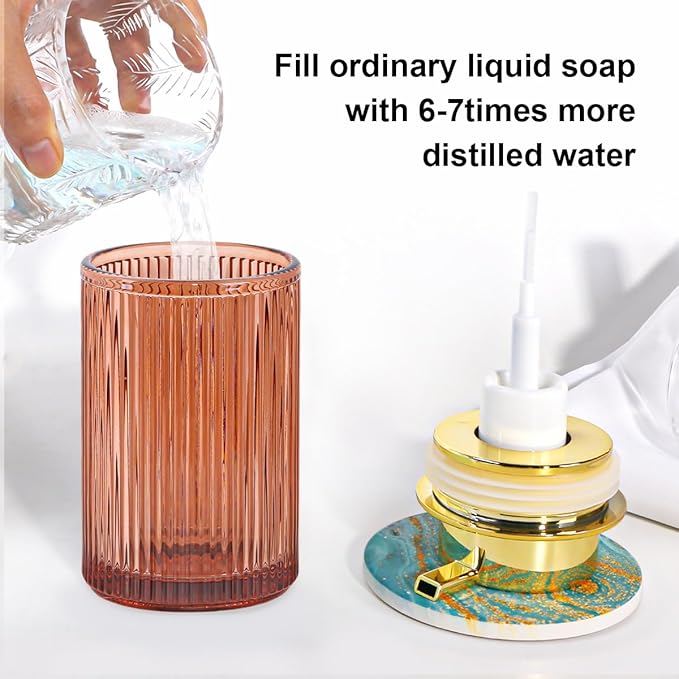 Foaming Soap Dispenser, 12 Oz Thick Glass Foam Hand Soap Dispenser, Refillable Glass Foam Pump Bottle Container Decorative Slim Ribbed Bottle for Bathroom and Kitchen (1, Brown Gold)