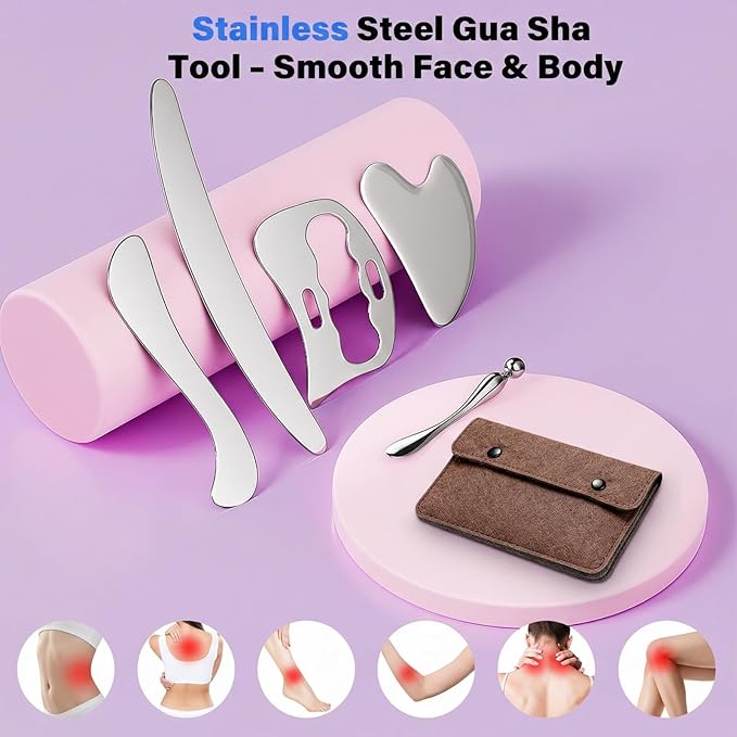 Stainless Steel Muscle Scraper Gua Sha Kit and Derma Edge Scraping Tools for Physical Therapy, Deep Tissue Guasha Massage Tool for Body and Face Relaxation (Brown-5pcs)