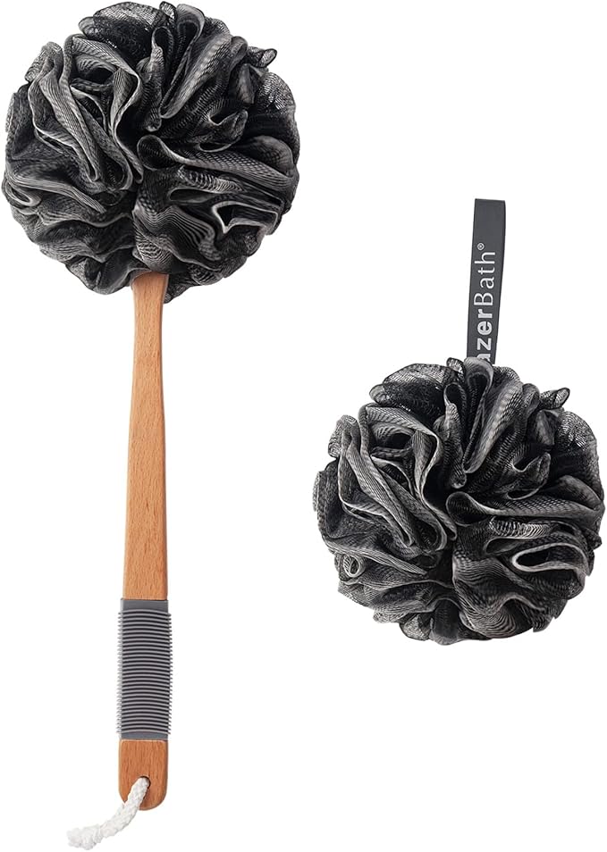 AmazerBath Shower Sponge Loofah Back Scrubber, PE Soft Mesh Loofah Body Scrubber with Long Wooden Handle, Bath Sponge for Men Women (Black)