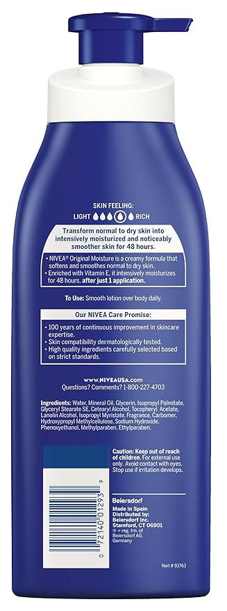NIVEA Original Moisture Body Lotion with Vitamin E,48-Hour Body Moisturizer for Normal to Dry Skin,16.9 Fl Oz Pump Bottle,(Pack of 2)