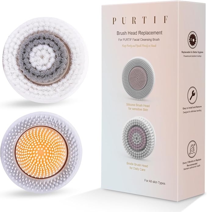 Original Replacement Heads for PURTIF Face Scrubber and Facial Brush, for Better Skin Health, 1 Silicone and 1 Bristle Head in Package, Food Grade, Easy-to-Clean, Easy to Install