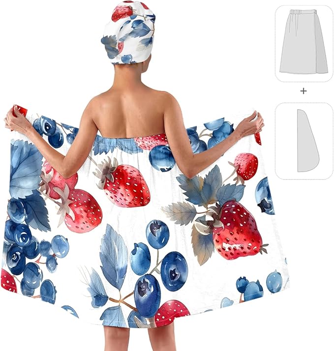 Strawberry Blueberry Bath Wrap with Hair Turban – Microfiber Shower Skirt and Quick Dry Towel Set, Lightweight Absorbent Spa Wrap Gift for Women and Teens (Strawberry 2)