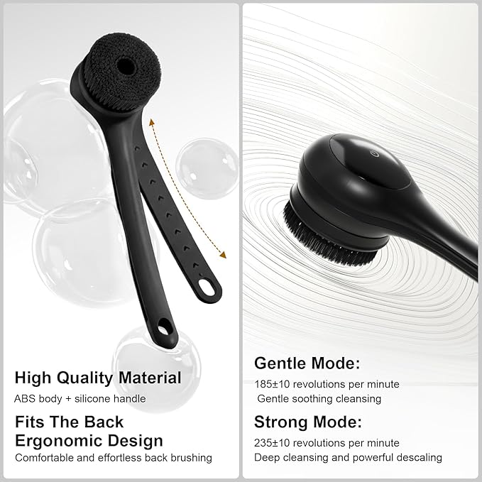 Electric Body Brush Back Scrubber for Shower, Waterproof Long Dual Handle Power Body Scrubber with 3 Heads, Bath Brush & 2 Speeds, for Cleansing, Exfoliating and Massaging Skin, Black