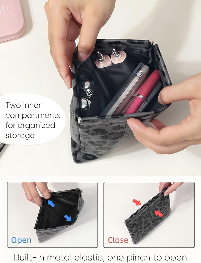 2 Leopard Leather Small Makeup Pouches Set for Women,Cosmetic Accessories,Waterproof and Portable Cosmetic Bags,Self-closing,No Zipper, Aesthetic Storage Pouch,Lipstick for Purse, Black