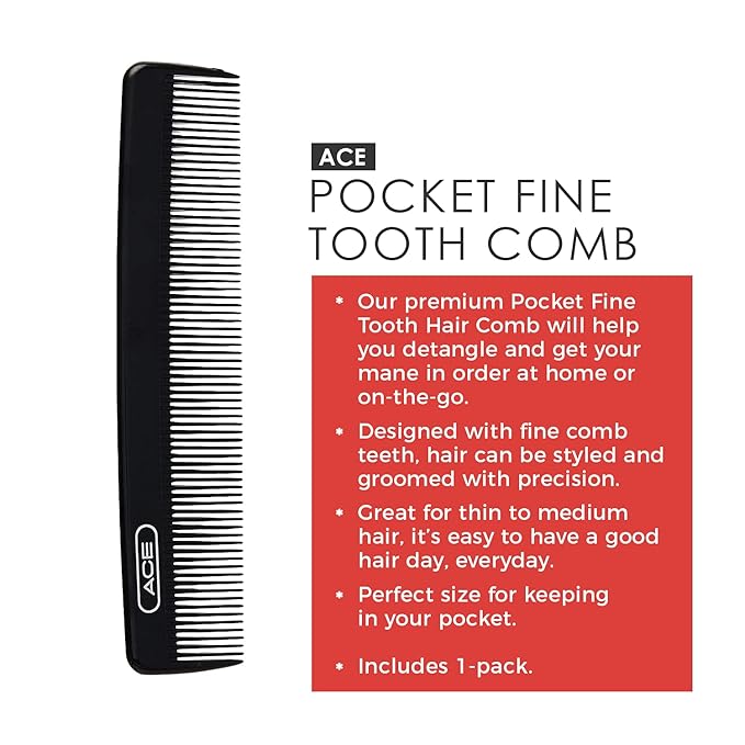 ACE Pocket Fine Tooth Comb - 4.5 Inch, Black - Great for All Hair Types - Fine Comb Teeth for Thin to Medium Hair - Durable for Everyday and Professional Use