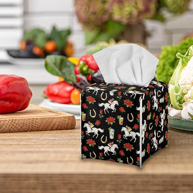 Rose Racing Horse Decorative Tissue Box Cover, Waterproof PU Leather Square Holder with Metal Button, Protective Napkin Case for Bathroom Countertop, Office Desk, and Car Interior