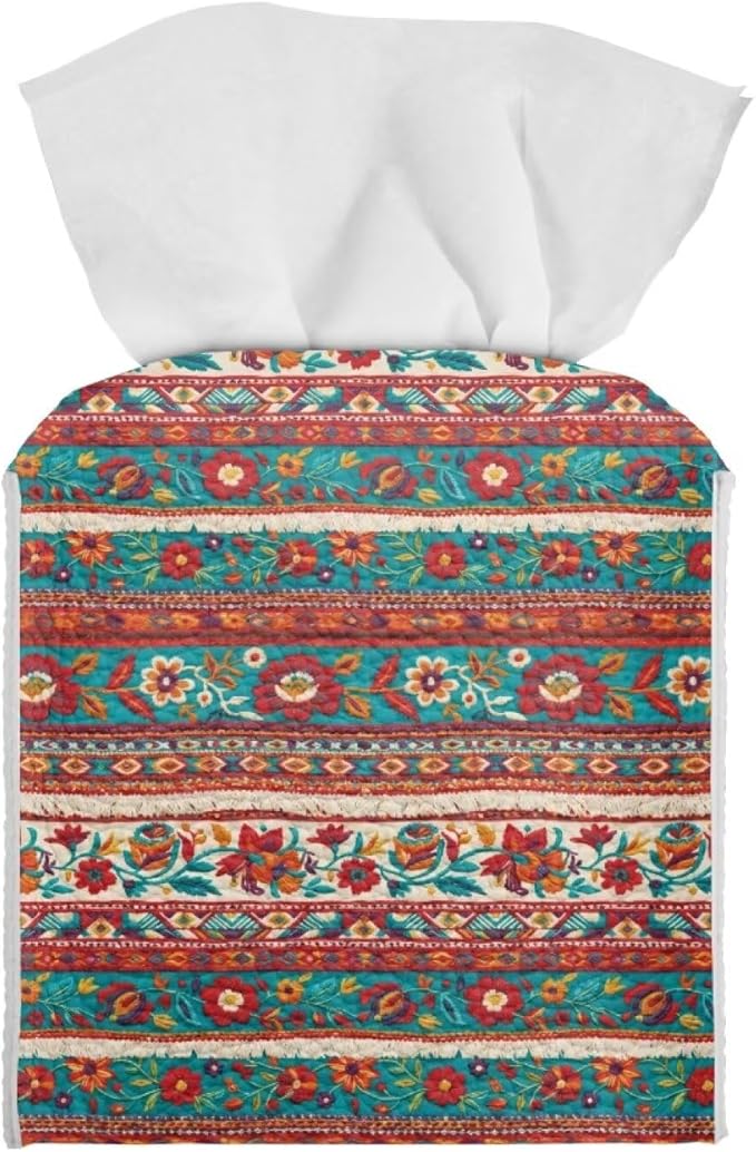 Brown Aztec Tissue Box Holder Waterproof PU Leather Square Modern Tissue Box Cover with Metal Button Napkin Holder for Home Office Car