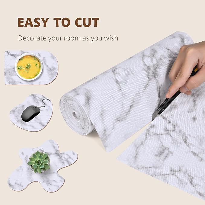 Shelf Liners for Kitchen Cabinets 17in x 30FT, Non Adhesive Drawer Liner Marble Pattern Thickened Shelf Liner Non-Slip Easy to Clean for Tool Box Refrigerator with Knife and Tape Measure