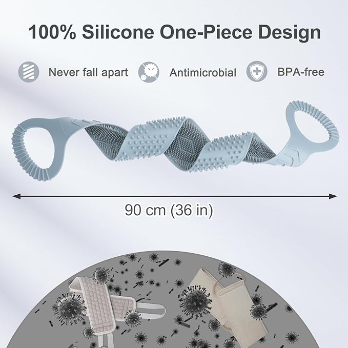 Silicone Back Scrubber for Shower Men, Dual-Sided Back Exfoliator Washer Scrub Strap - 100% Back Coverage to Clean, Exfoliate and Massage, Hygienic, Durable and Easy to Clean, Grey - 36 Inch