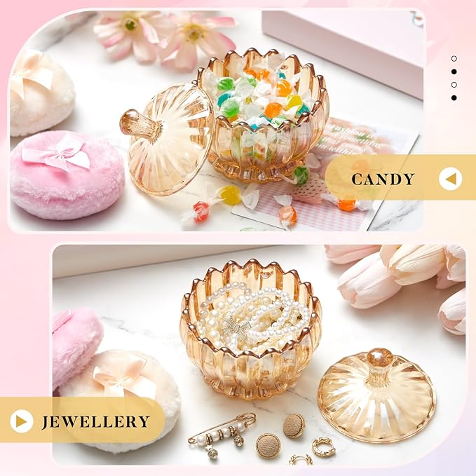 Tioncy 3 Pcs Large Body Powder Puff and Container Valentine's Day gift Powder Container with Puff Crystal Case Soft Washable Reusable Velour Face Body Glitter Wet Dry Makeup(Scalloped,Amber)