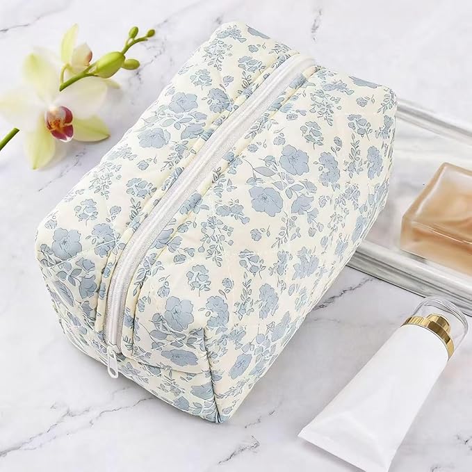 Puffy Coquette Floral Quilted Makeup Bag - Large Fashionable Travel Pouch, Cute Blue