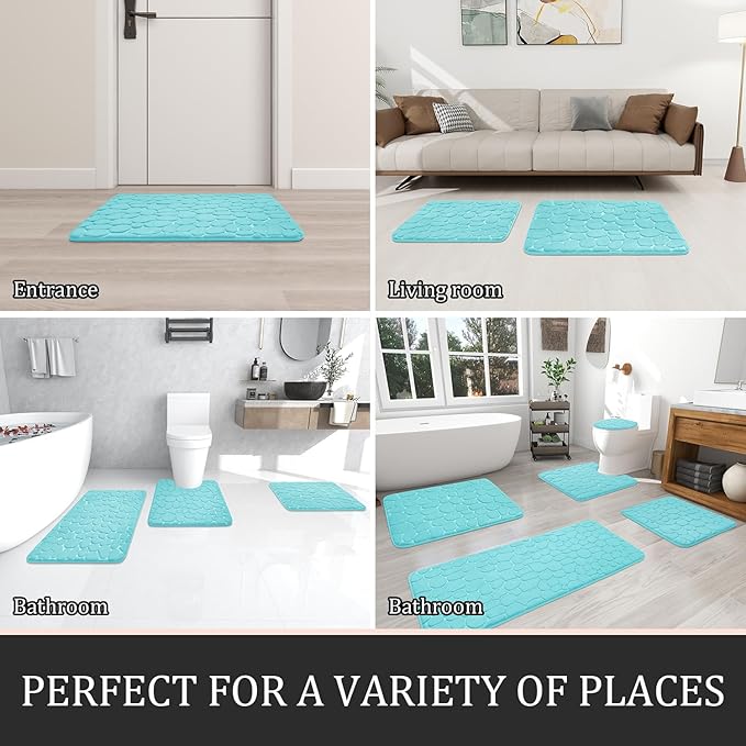 YIHOUSE Bathroom Rugs Mat Set 5 Piece Teal, Memory Foam Bath Mats Sets, Non Slip Water Absorbent Washable Bath Rugs for Sink, Toilet and Floor